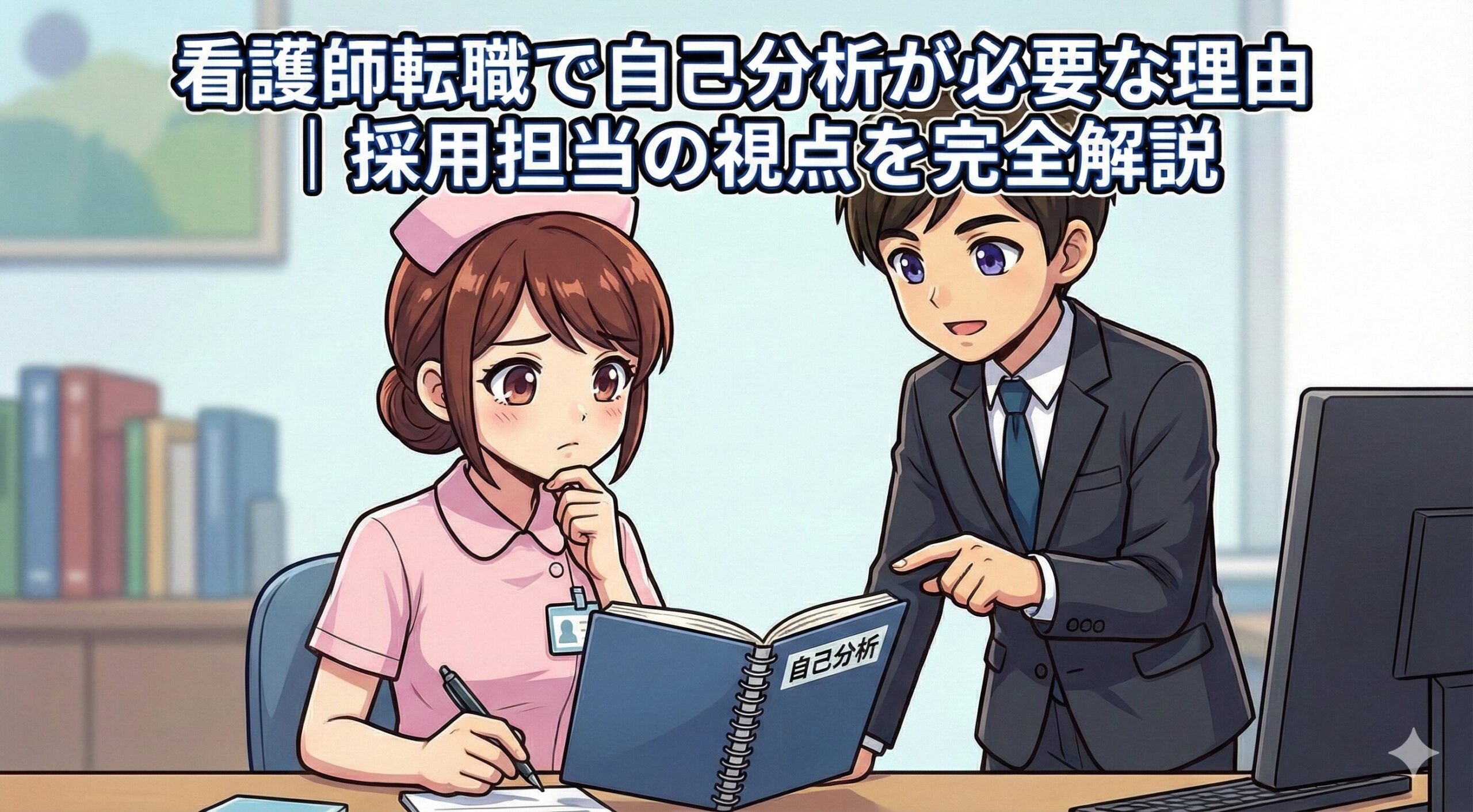 看護師転職の自己分析の重要性を解説するアイキャッチ画像。悩む看護師のキャラクターと記事タイトル