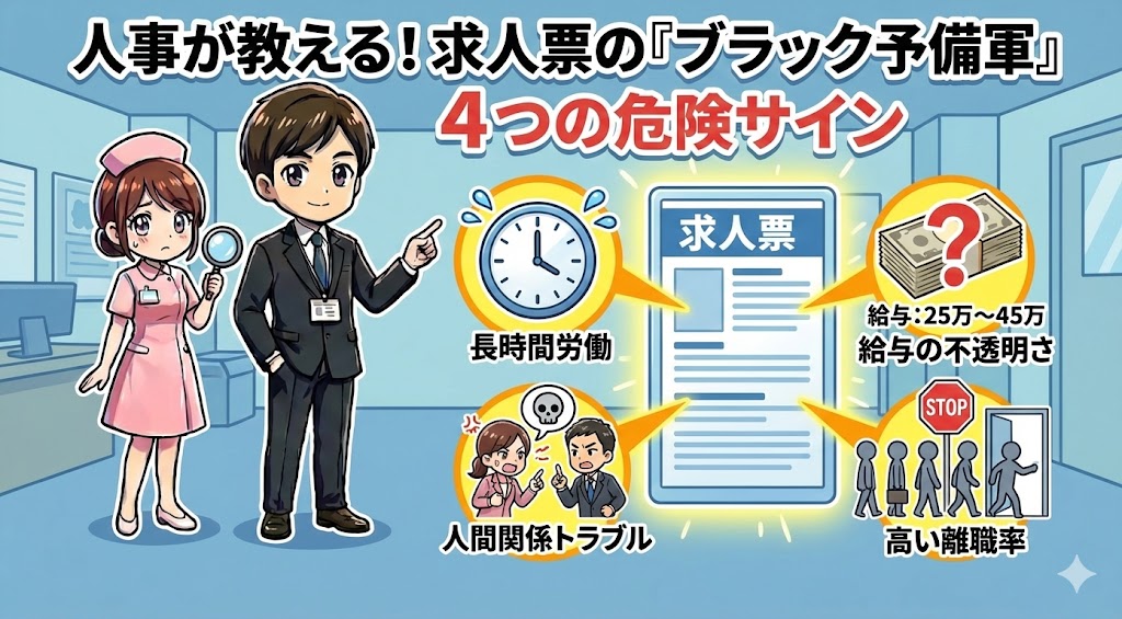 人事が教える！求人票の「ブラック予備軍」4つの危険サイン（長時間労働・給与の不透明さ・人間関係トラブル・高い離職率）を解説する看護師・人事キャラのイラスト
