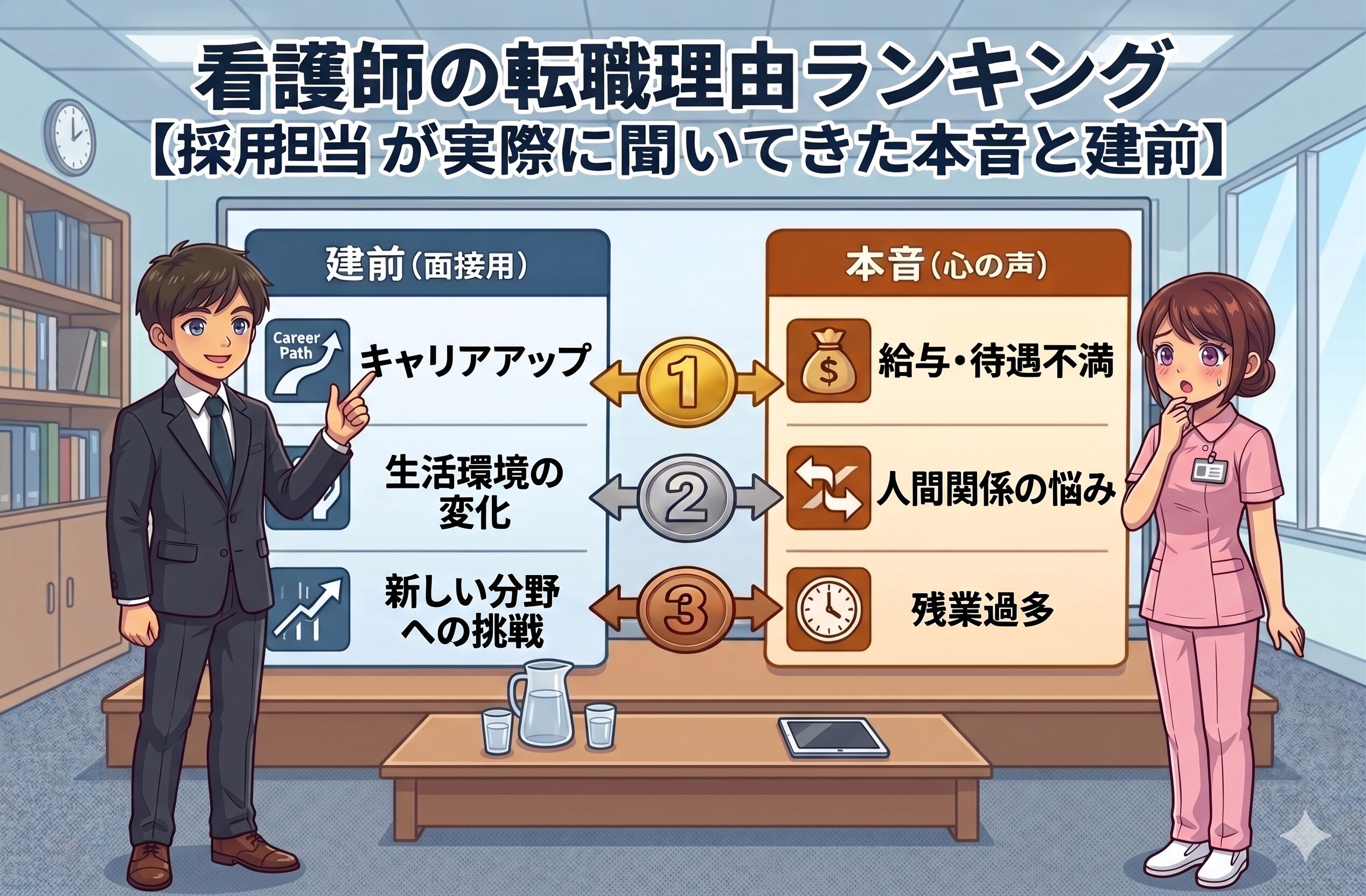 看護師の転職理由ランキング｜建前と本音の対比を採用担当が解説した図解