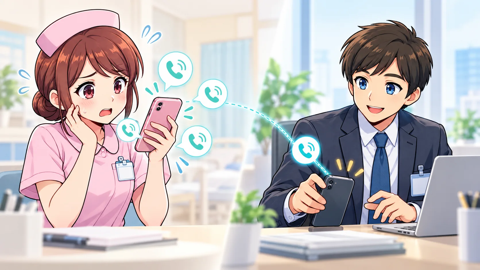 看護師のスマートフォンに電話が続き、転職エージェントの担当者が連絡する場面