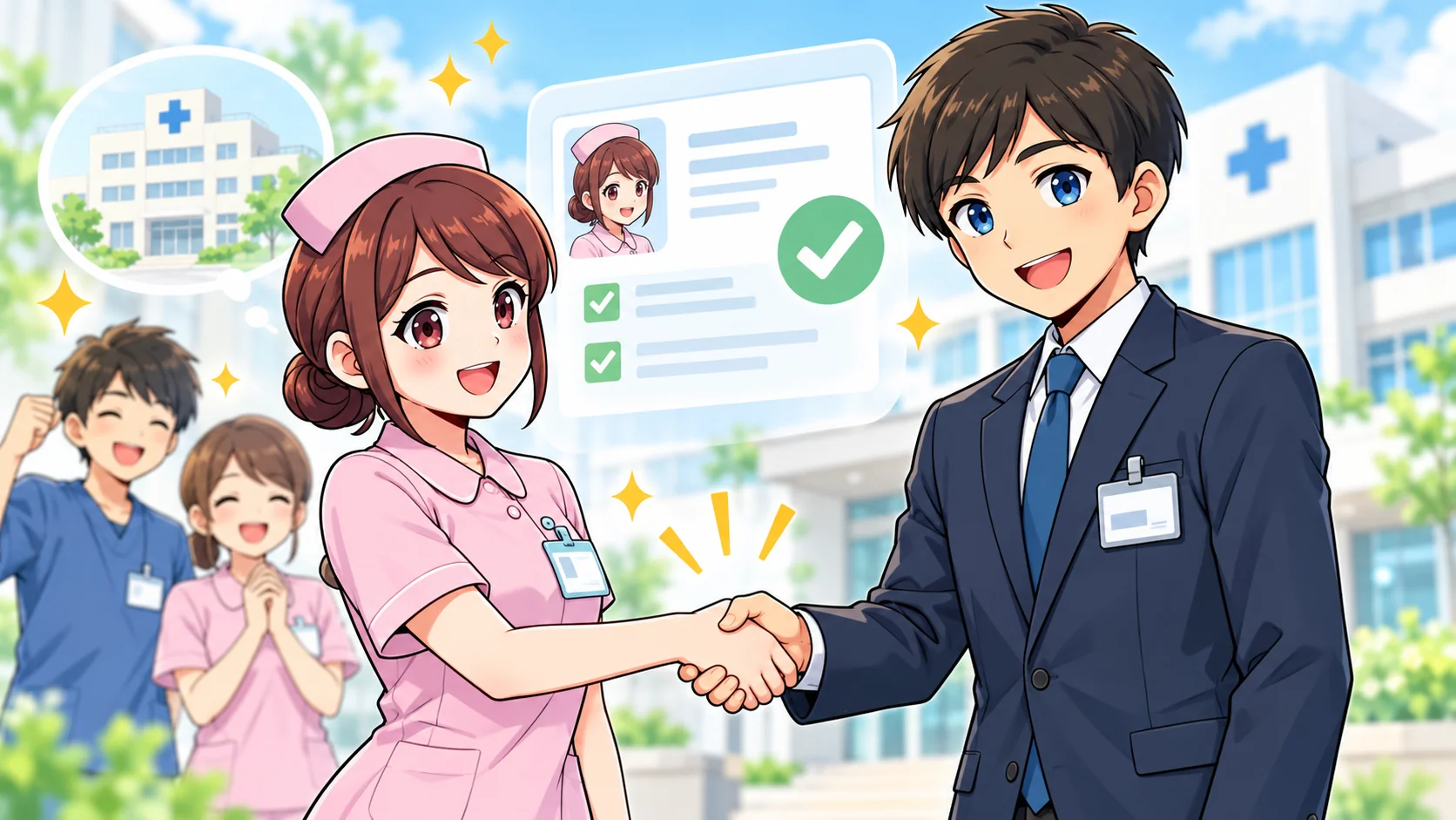 ナース専科 転職で看護師と採用担当がマッチングし握手するイメージ