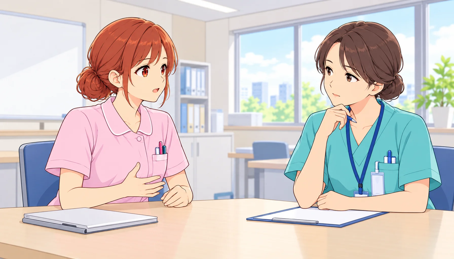 退職の理由について真剣に話し合う看護師と師長
