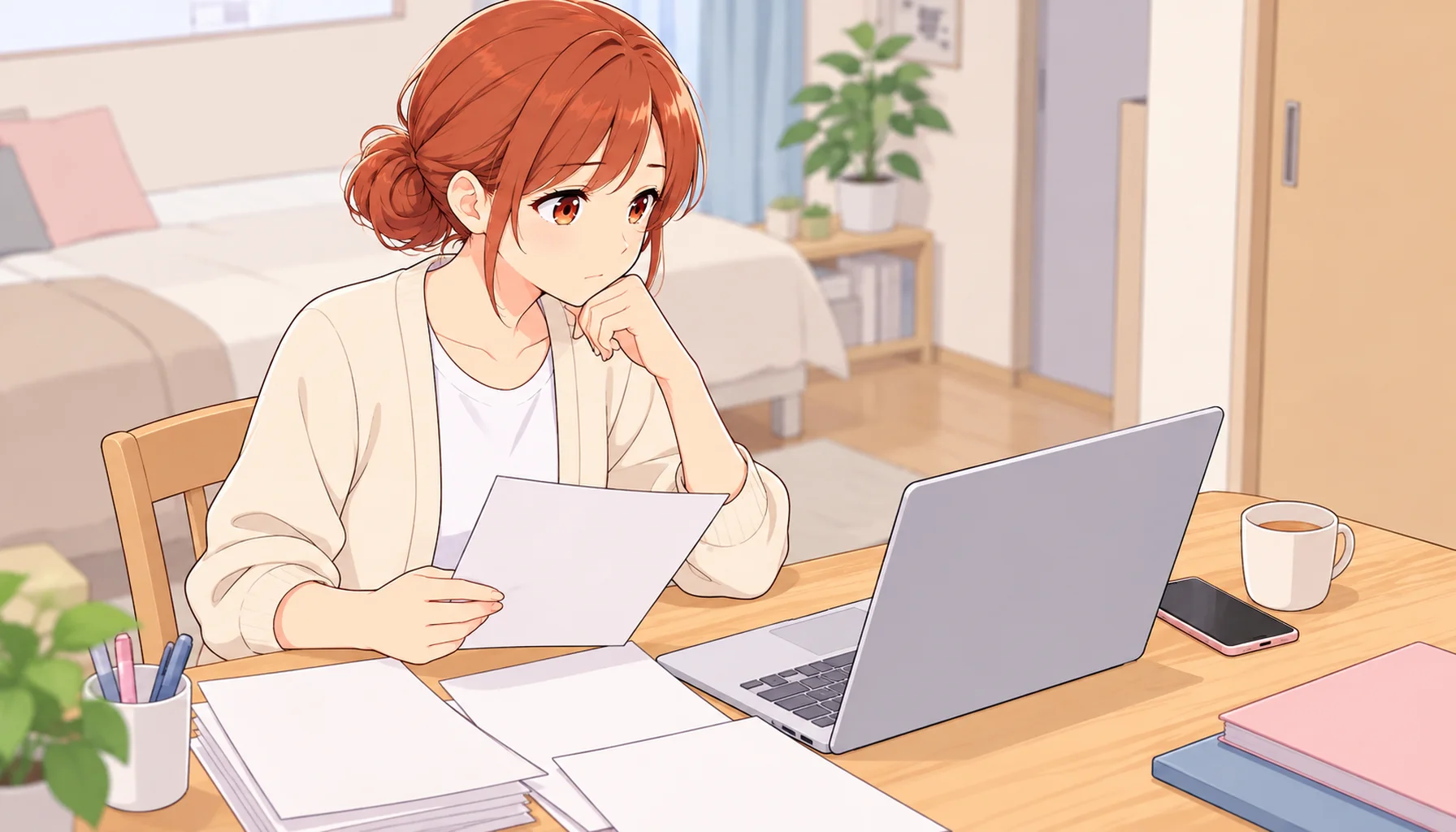 自宅で退職の経緯と手続きを整理する看護師
