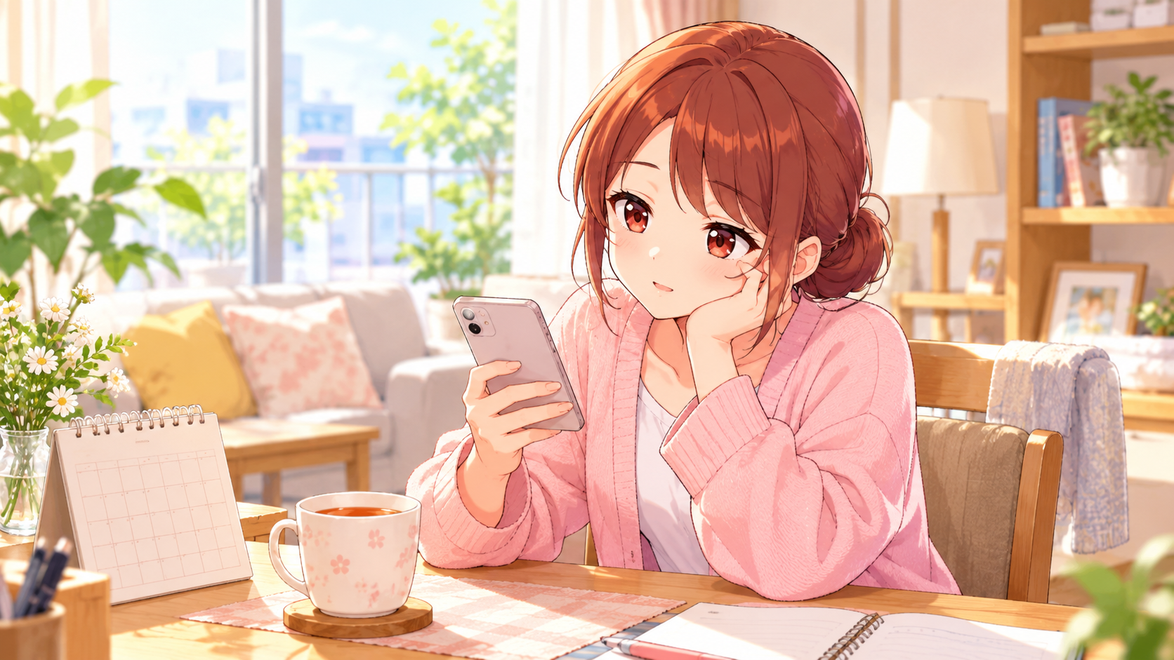 スマートフォンとカレンダーで連絡を確認するじんちゃん