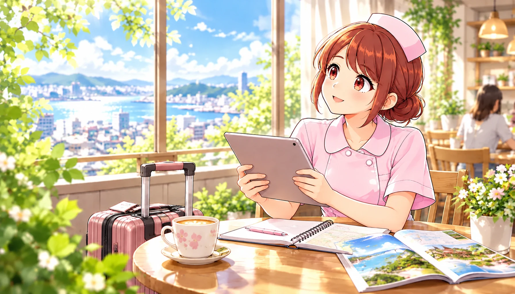 タブレットを両手で持ち、期間を決めた働き方を比較するじんちゃん