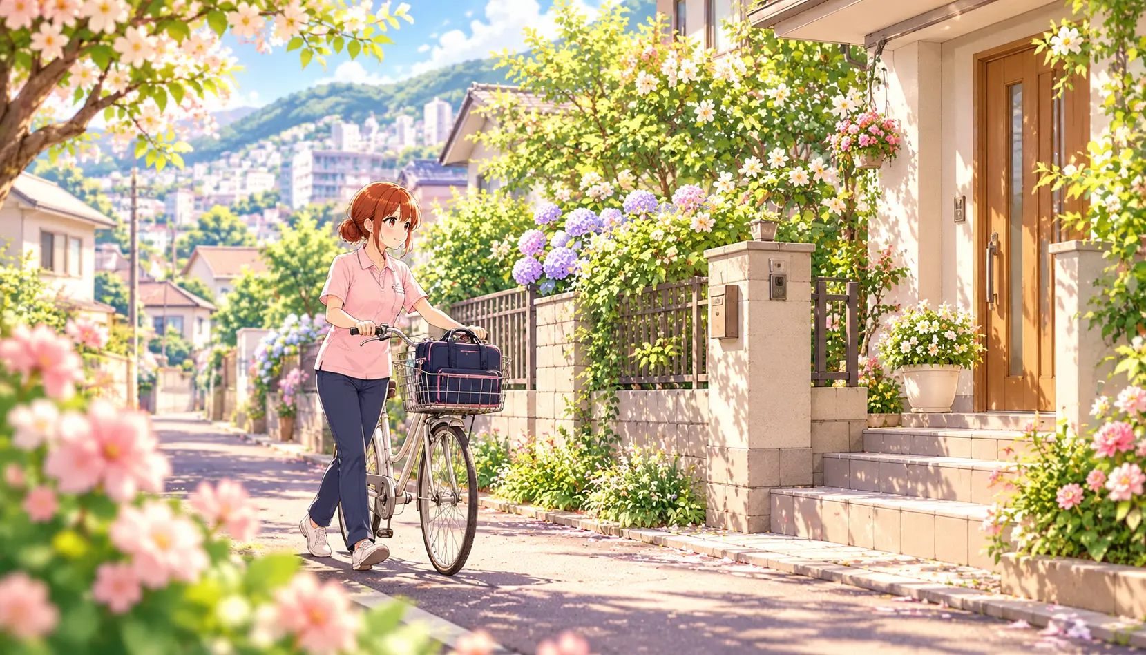 住宅街を自転車で訪問するじんちゃん