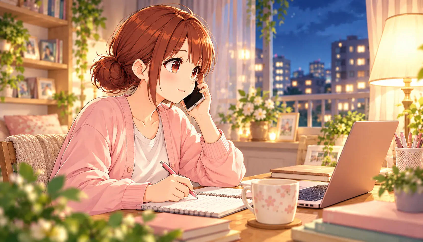 自宅で夜間の相談電話を受けるじんちゃん