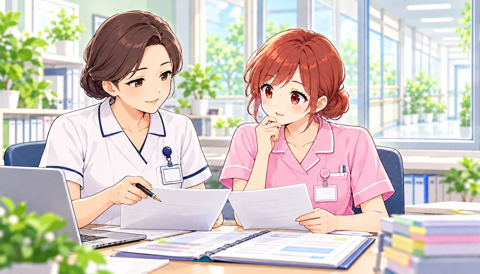 再入職について看護部の担当者と確認するジンちゃん
