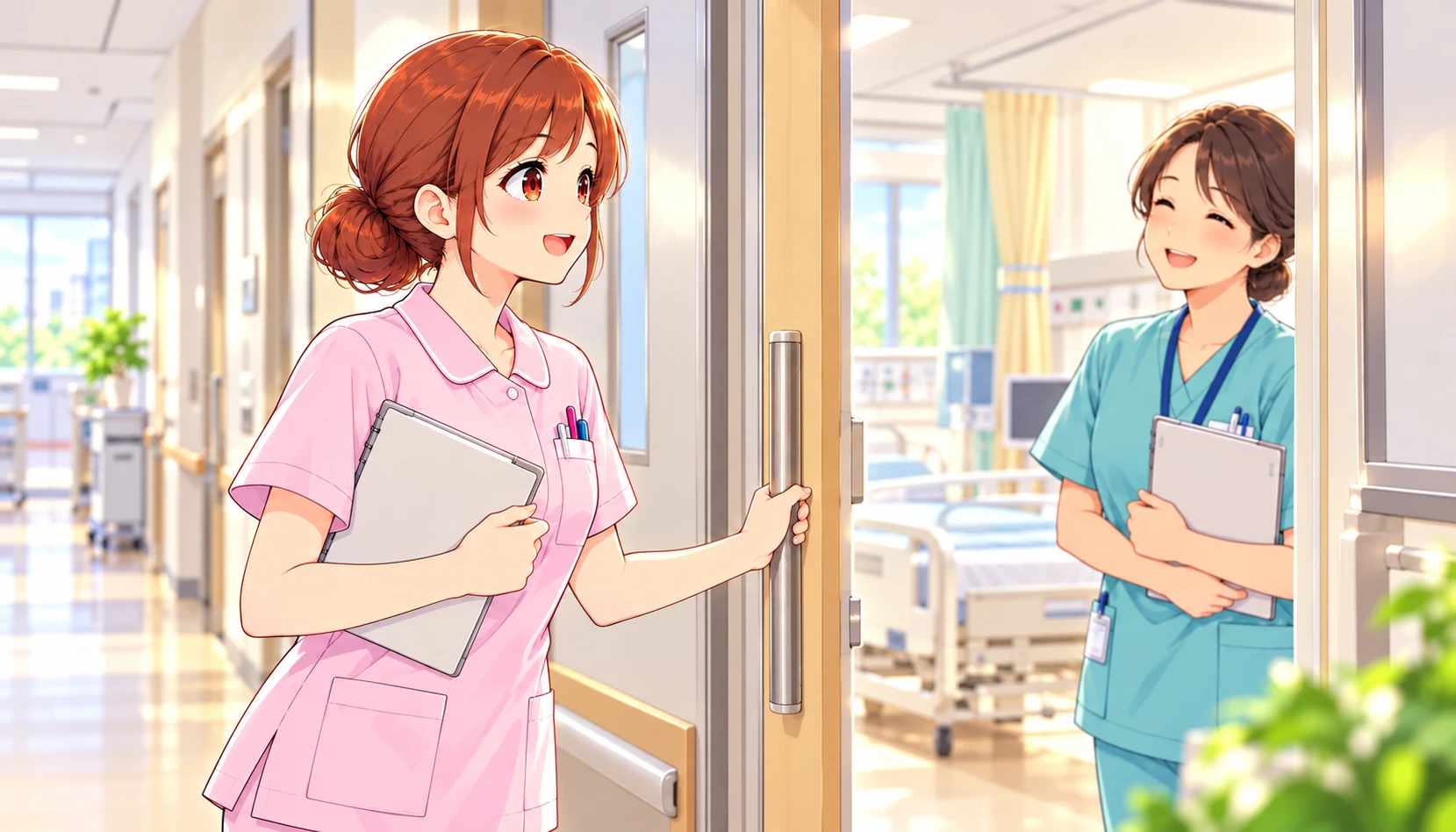 配属先の病棟で先輩看護師に迎えられるジンちゃん