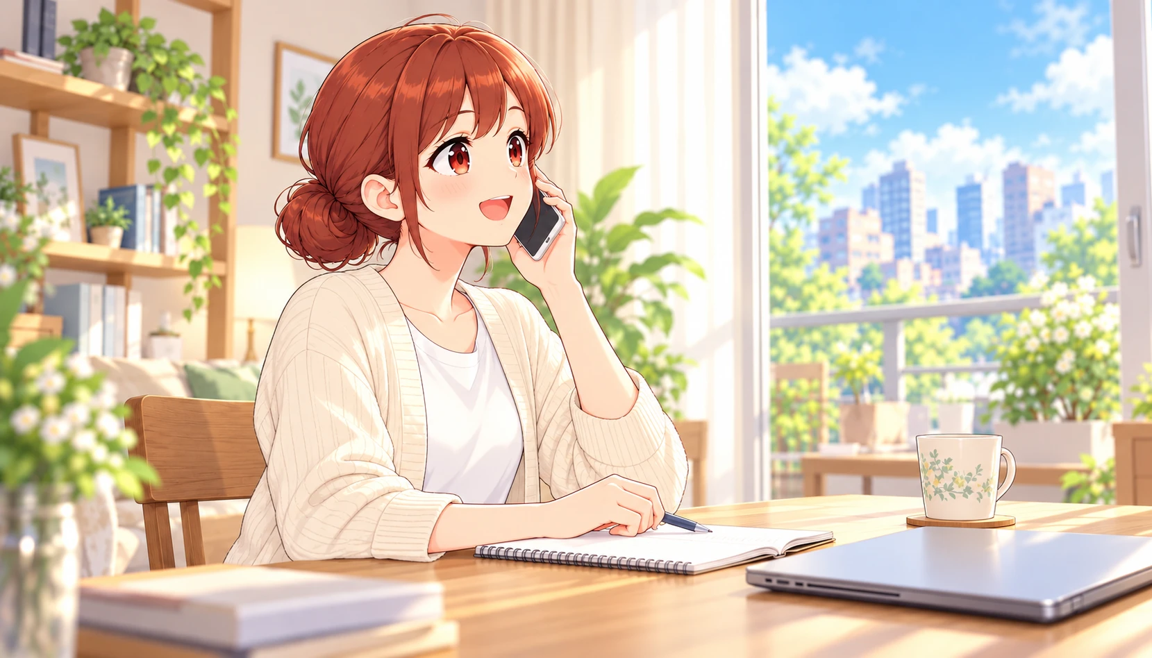 自宅で紹介会社に希望部署の募集状況を電話相談するジンちゃん