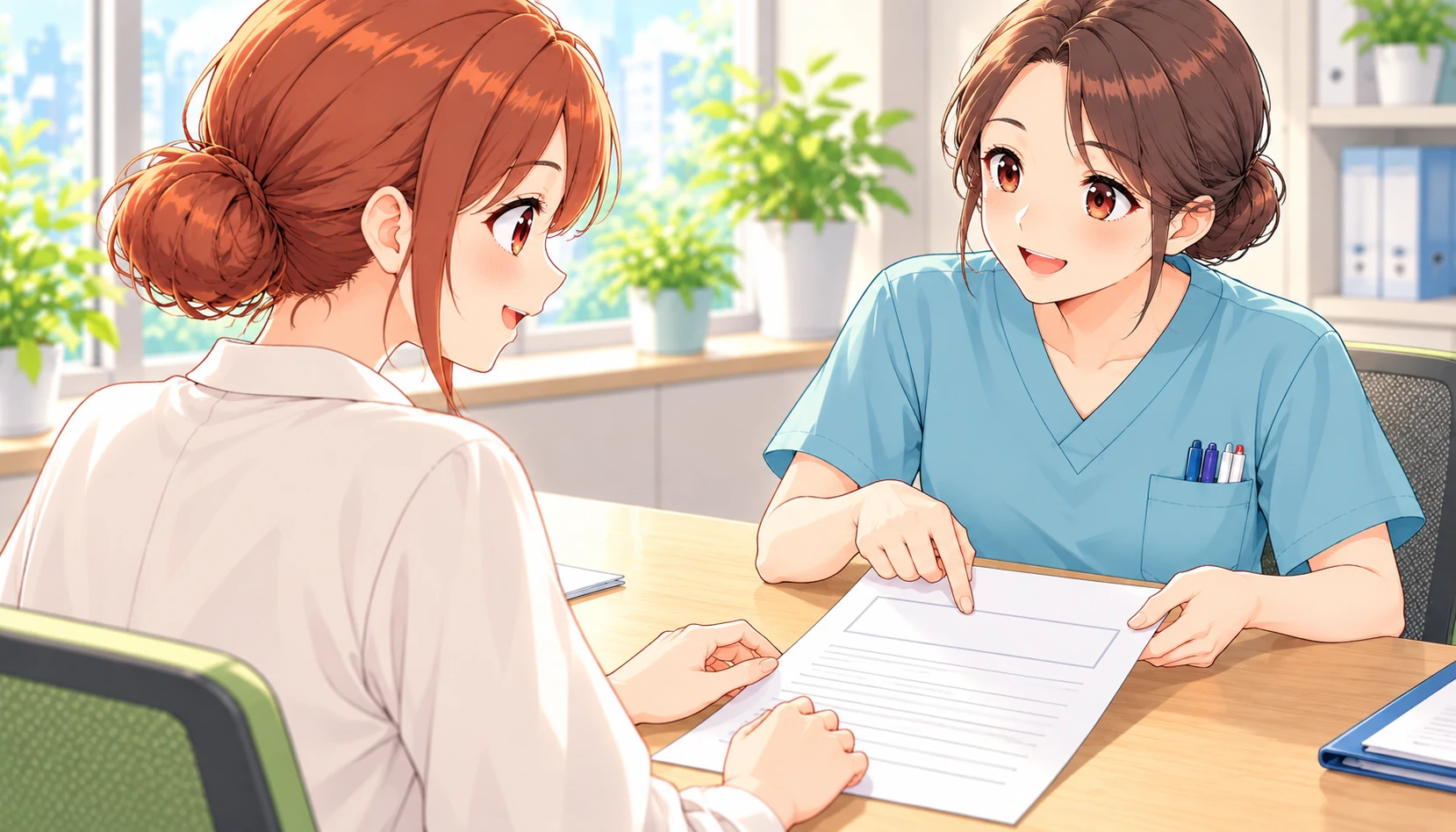 面接で配属先の説明を確認するジンちゃん