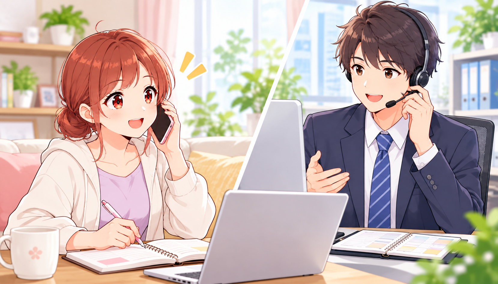 紹介会社の担当者に日程調整を相談するジンちゃん