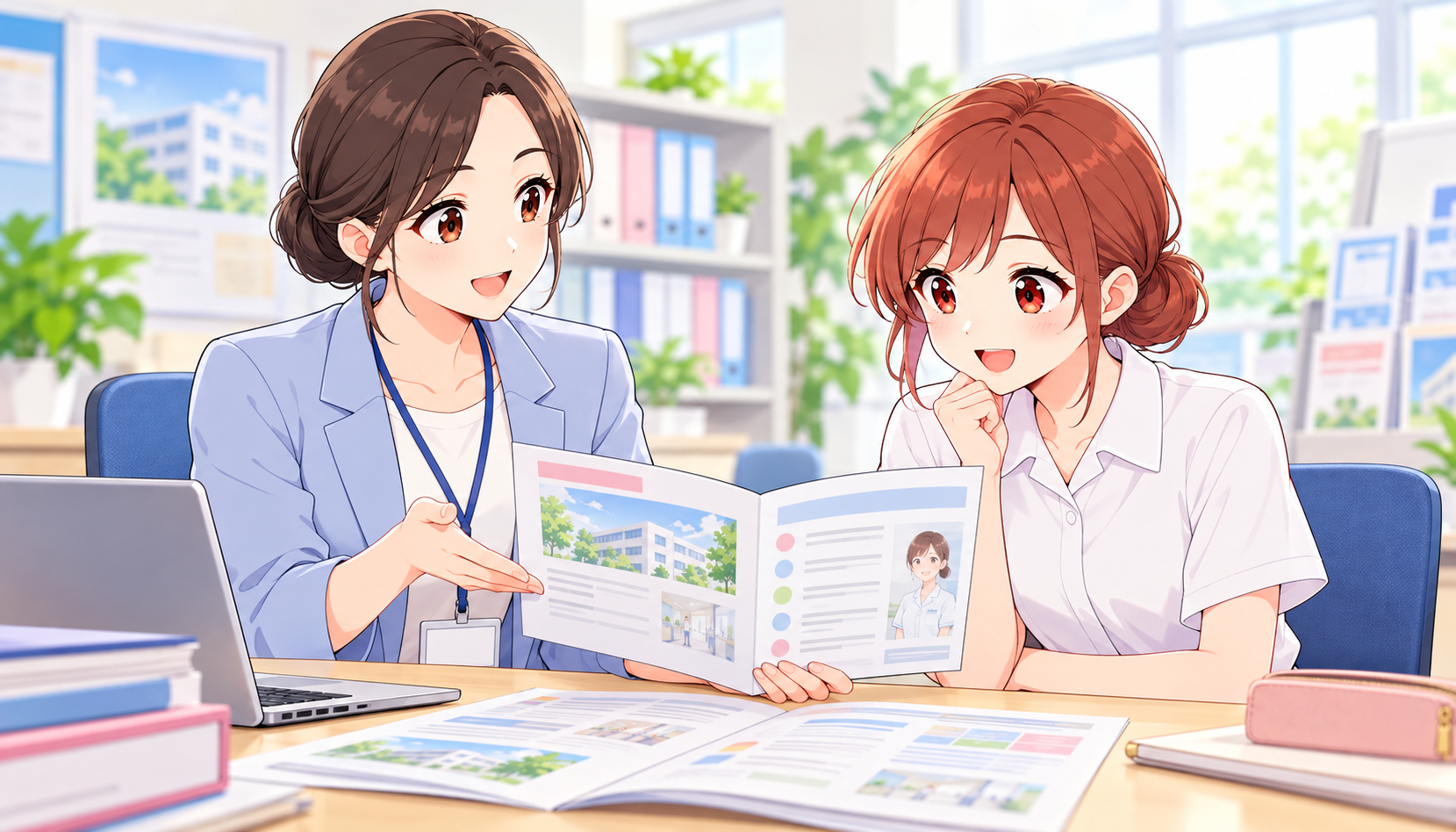 学校の就職支援窓口で応募条件を確認する看護学生
