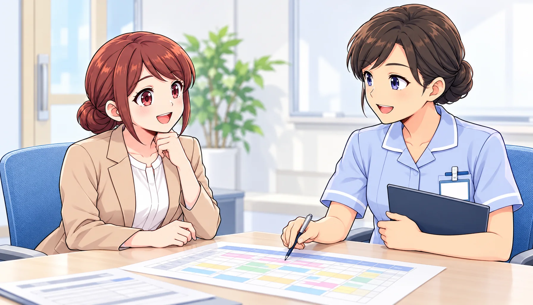 面接で看護体制を確認するジンちゃんと看護部長