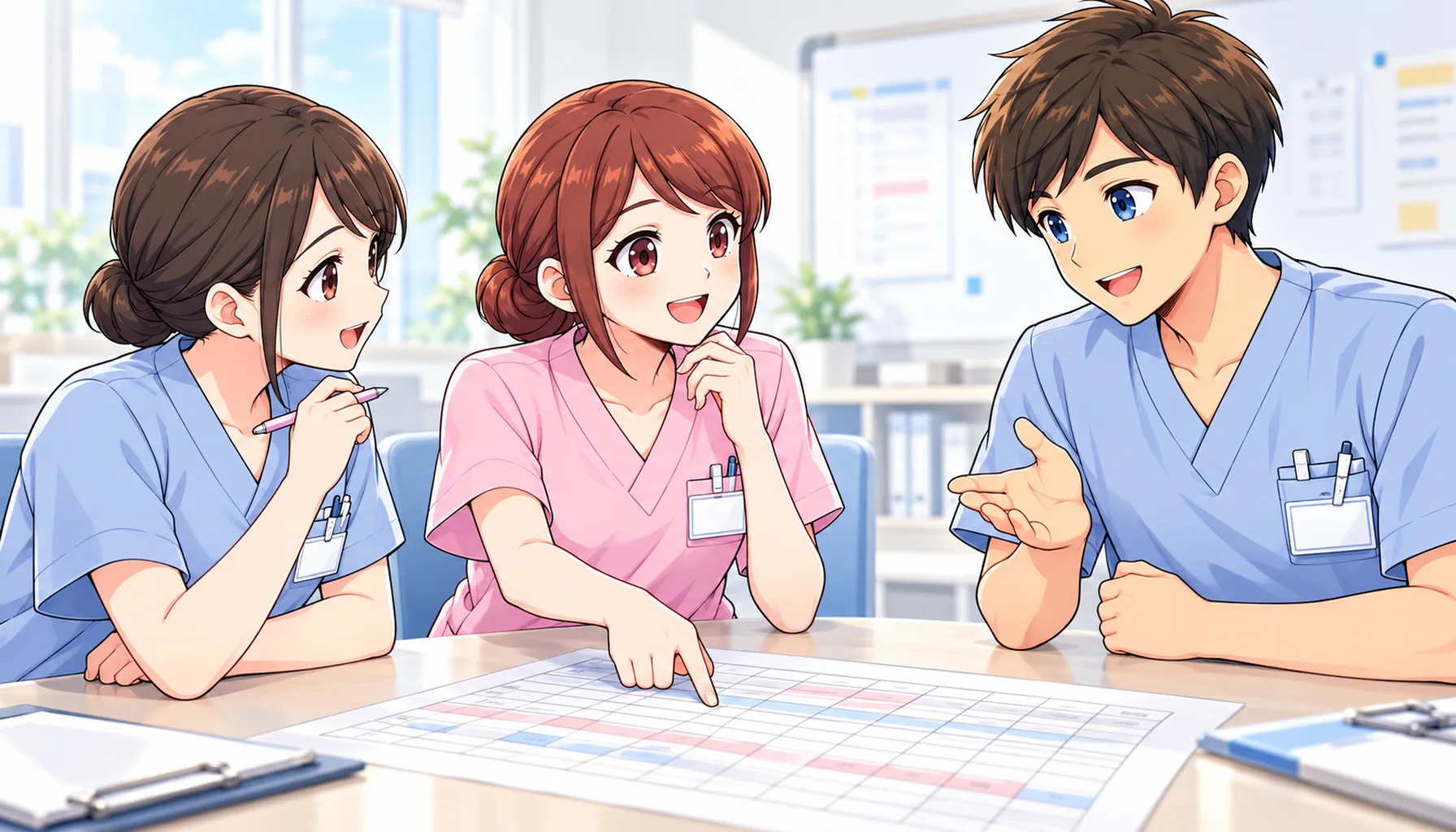 病棟の人員体制について相談するジンちゃんと同僚看護師