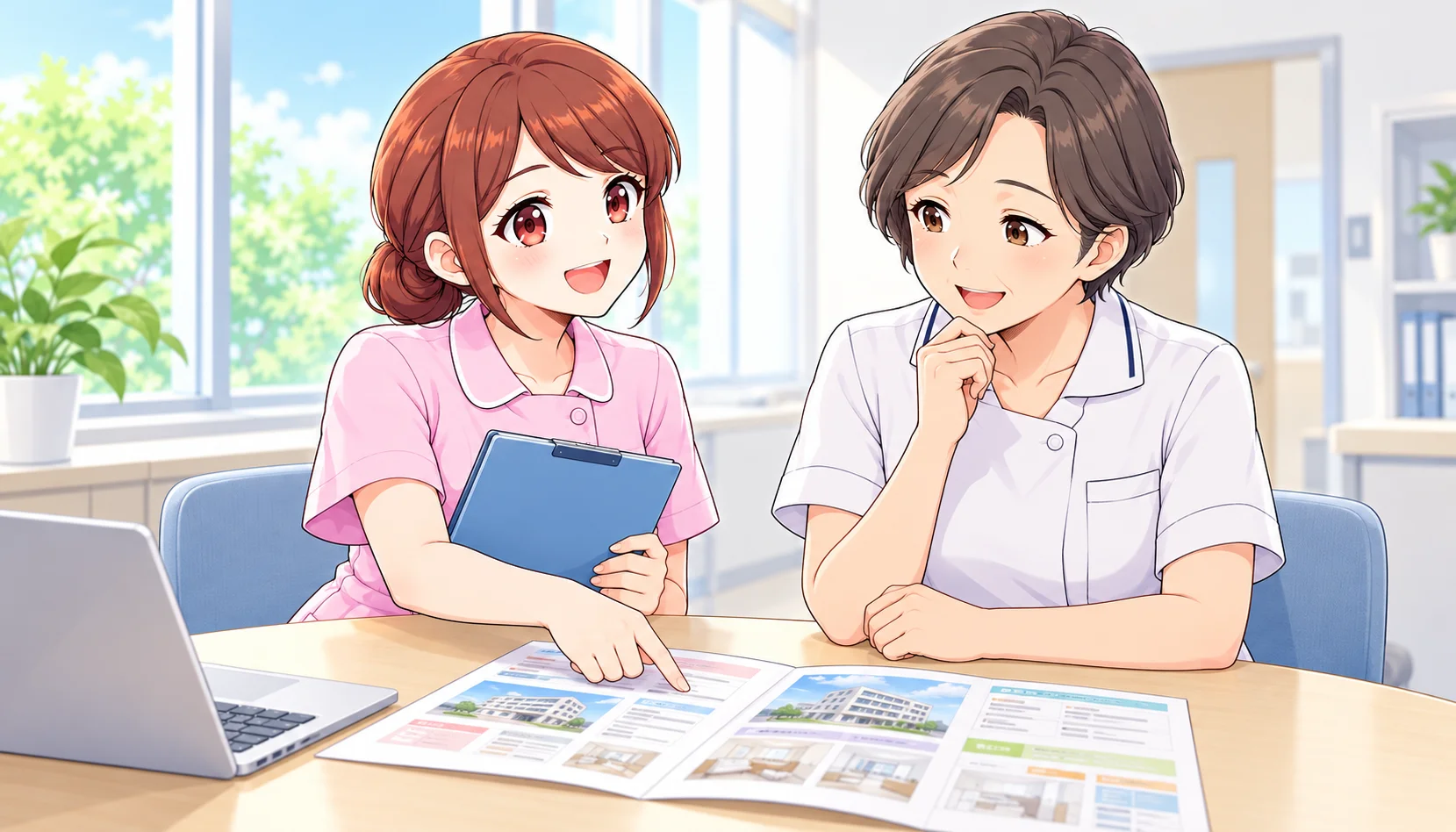 求人票の応募条件を一緒に確認するジンちゃんと看護師
