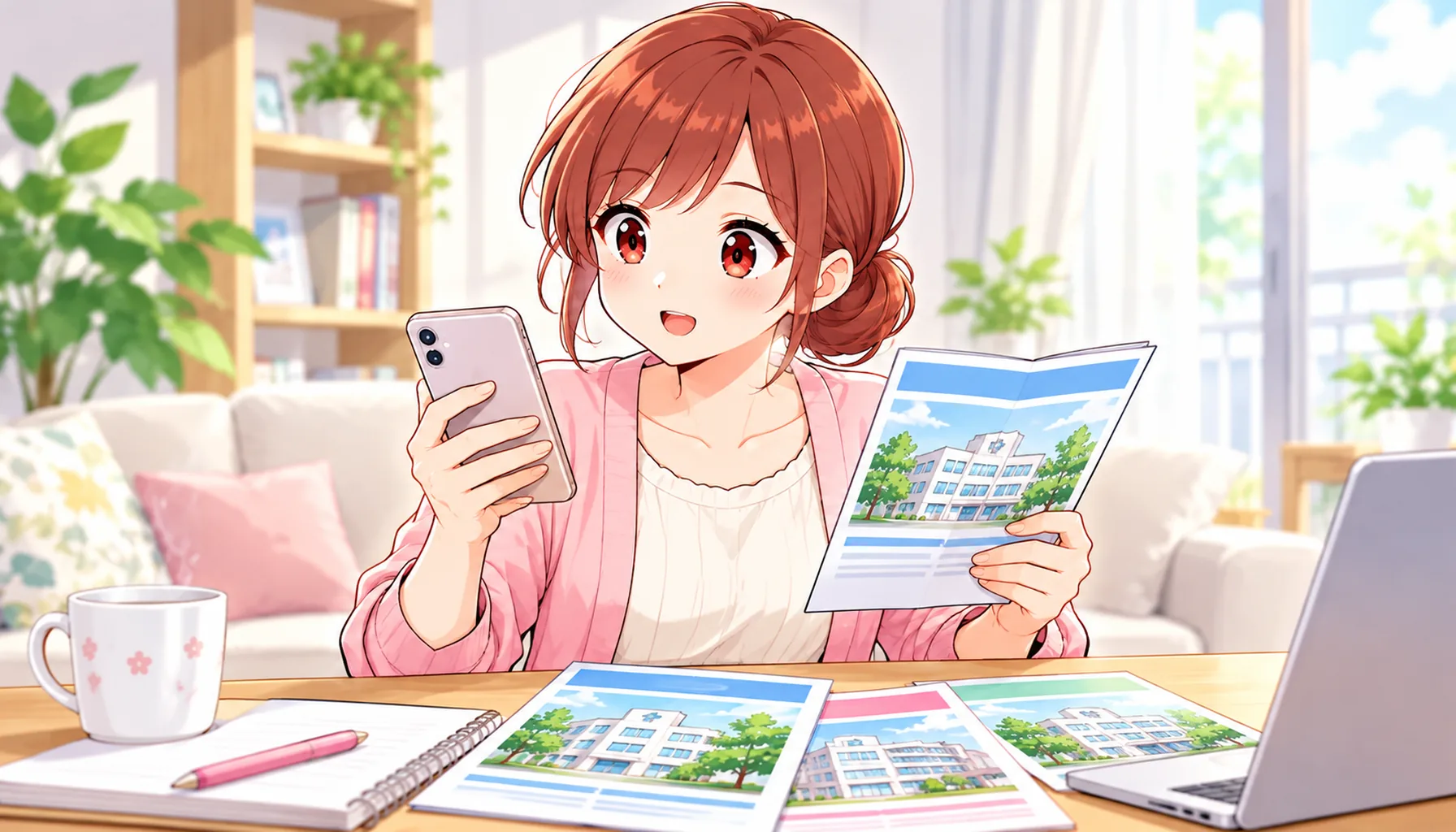 スマートフォンとパンフレットで病院の募集情報を確認するジンちゃん
