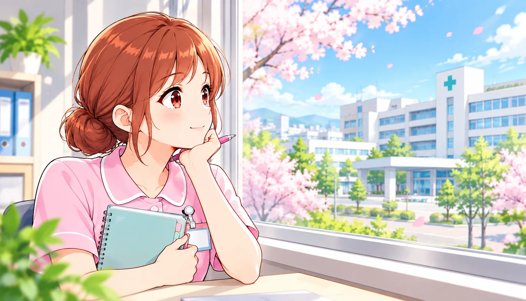 春の病院を眺めながら希望する入職時期を考えるジンちゃん