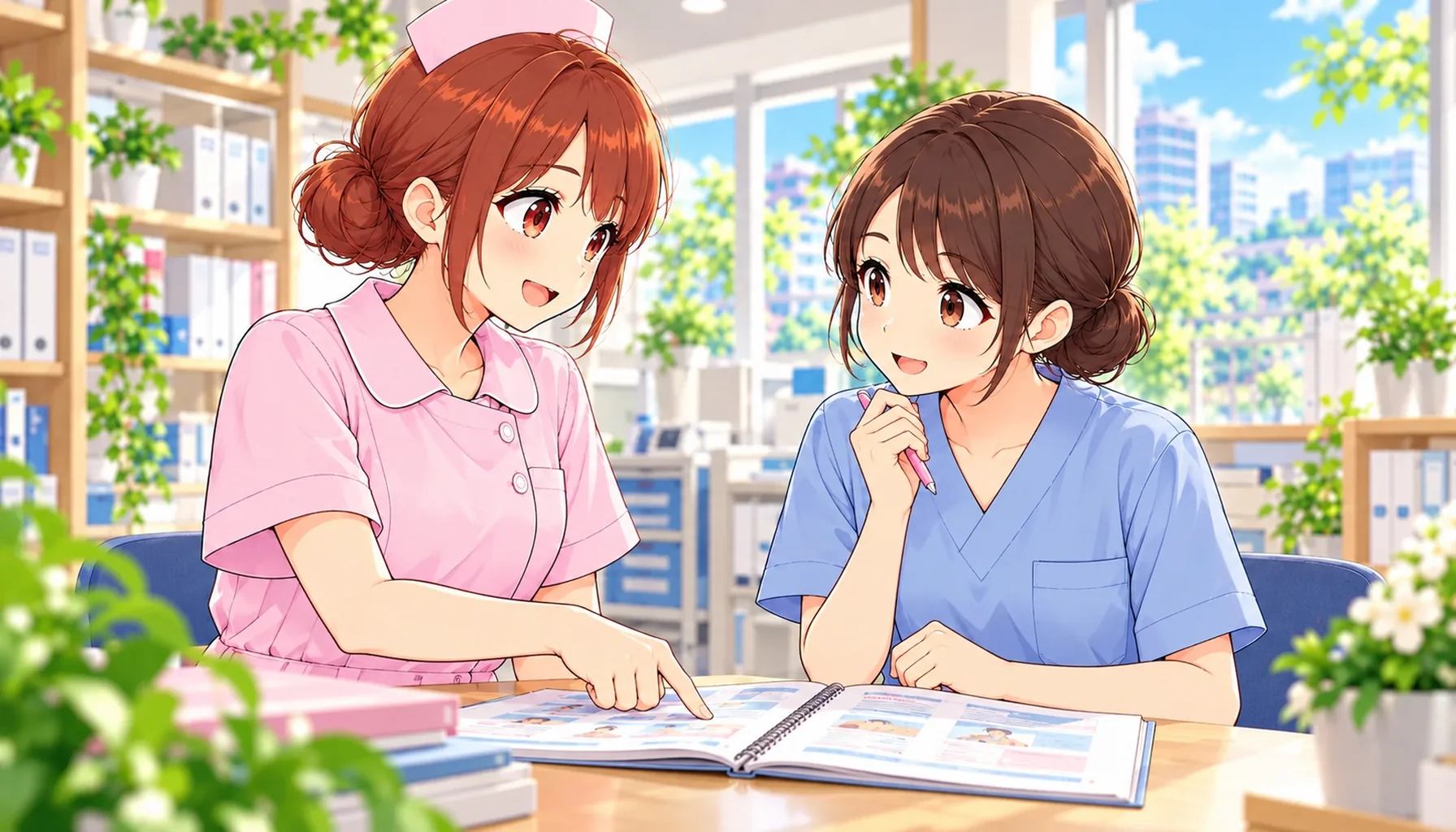 病院の研修スペースで後輩看護師に経験を伝えるじんちゃん