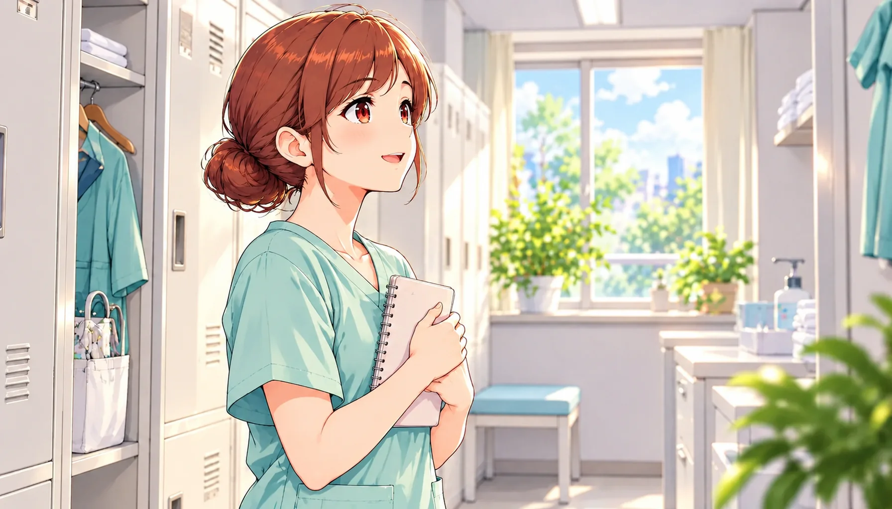 初めての勤務を前に、更衣室でノートを持つジンちゃん