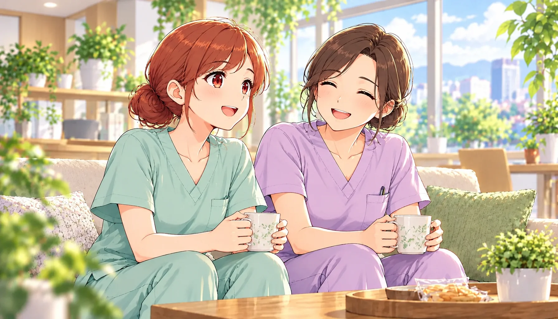 休憩室で先輩看護師と並んで座り、ほっとした表情を見せるジンちゃん