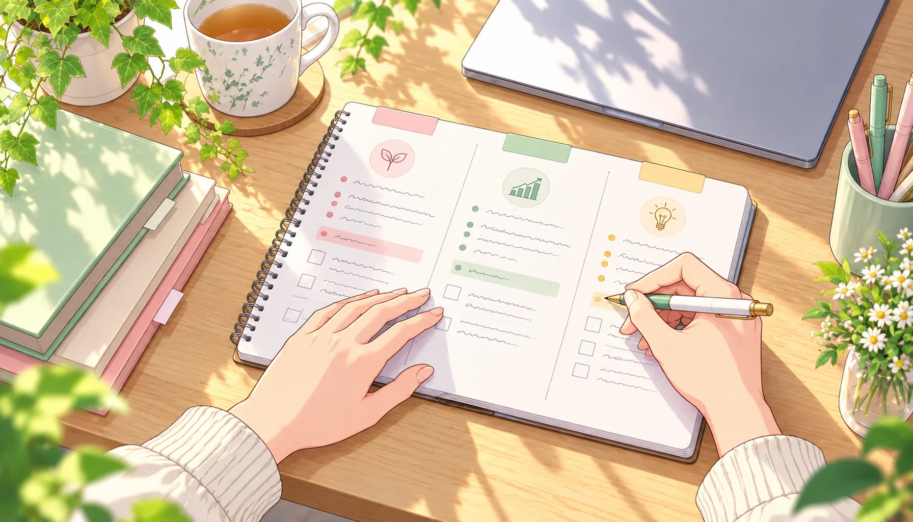 経験した業務や不安なことをノートに整理する手元