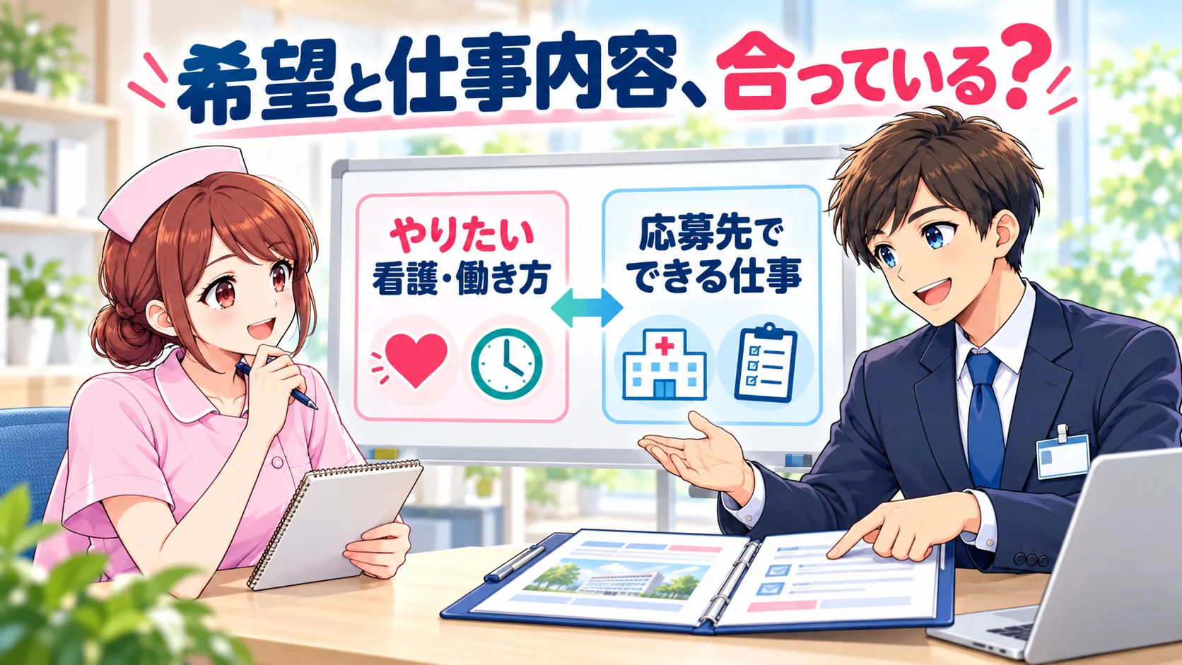 やりたい看護・働き方と応募先でできる仕事をジンちゃんとカンタが確認する図