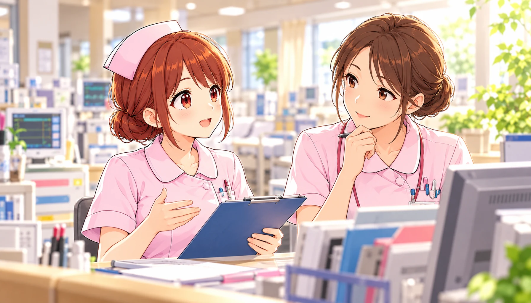 病棟で先輩看護師に申し送りをするじんちゃん