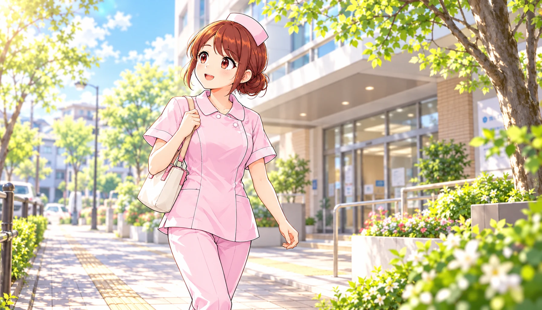 地域病院の前を前向きに歩くじんちゃん