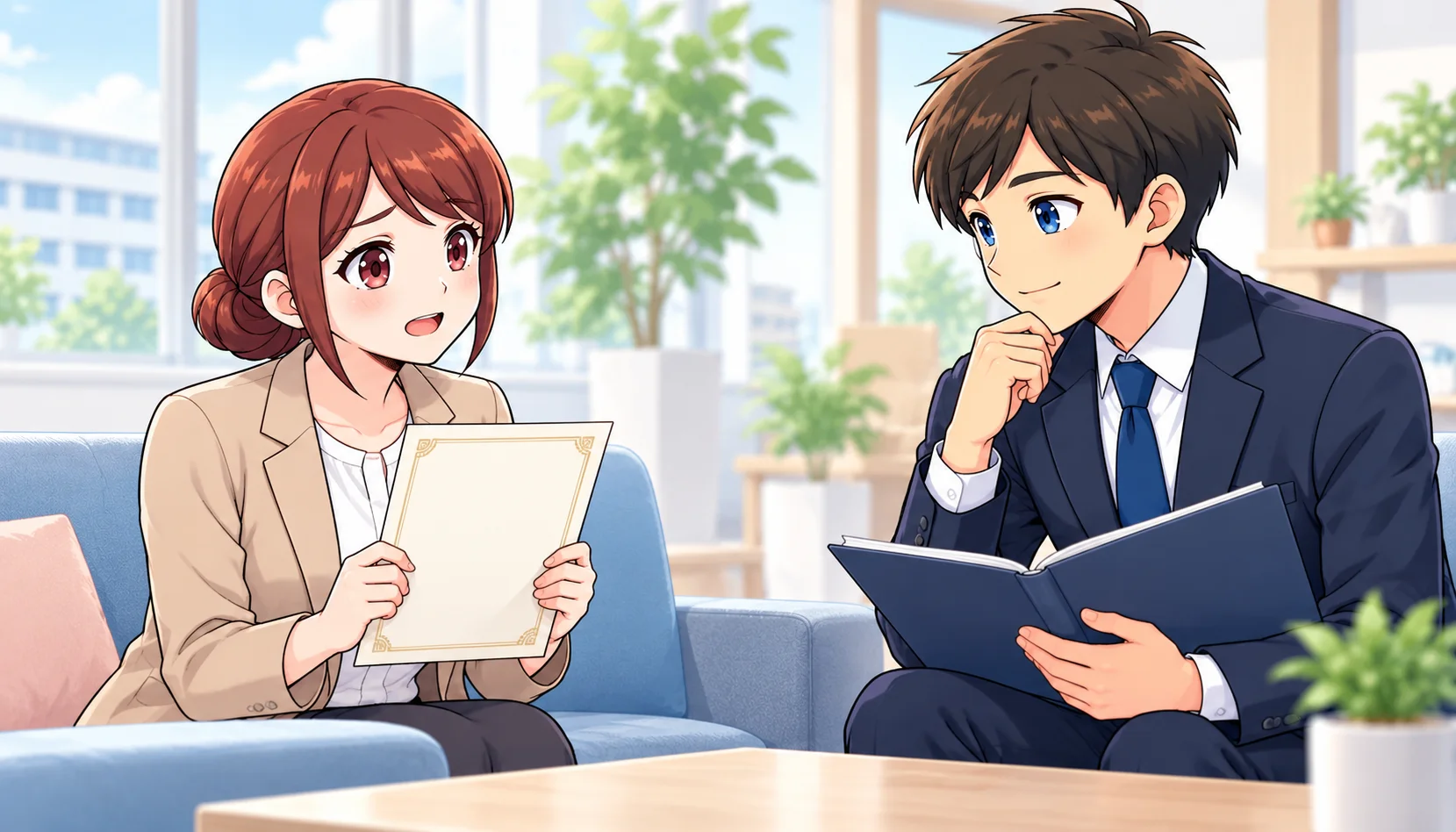 資格取得後の給与について相談するジンちゃんとカンタ