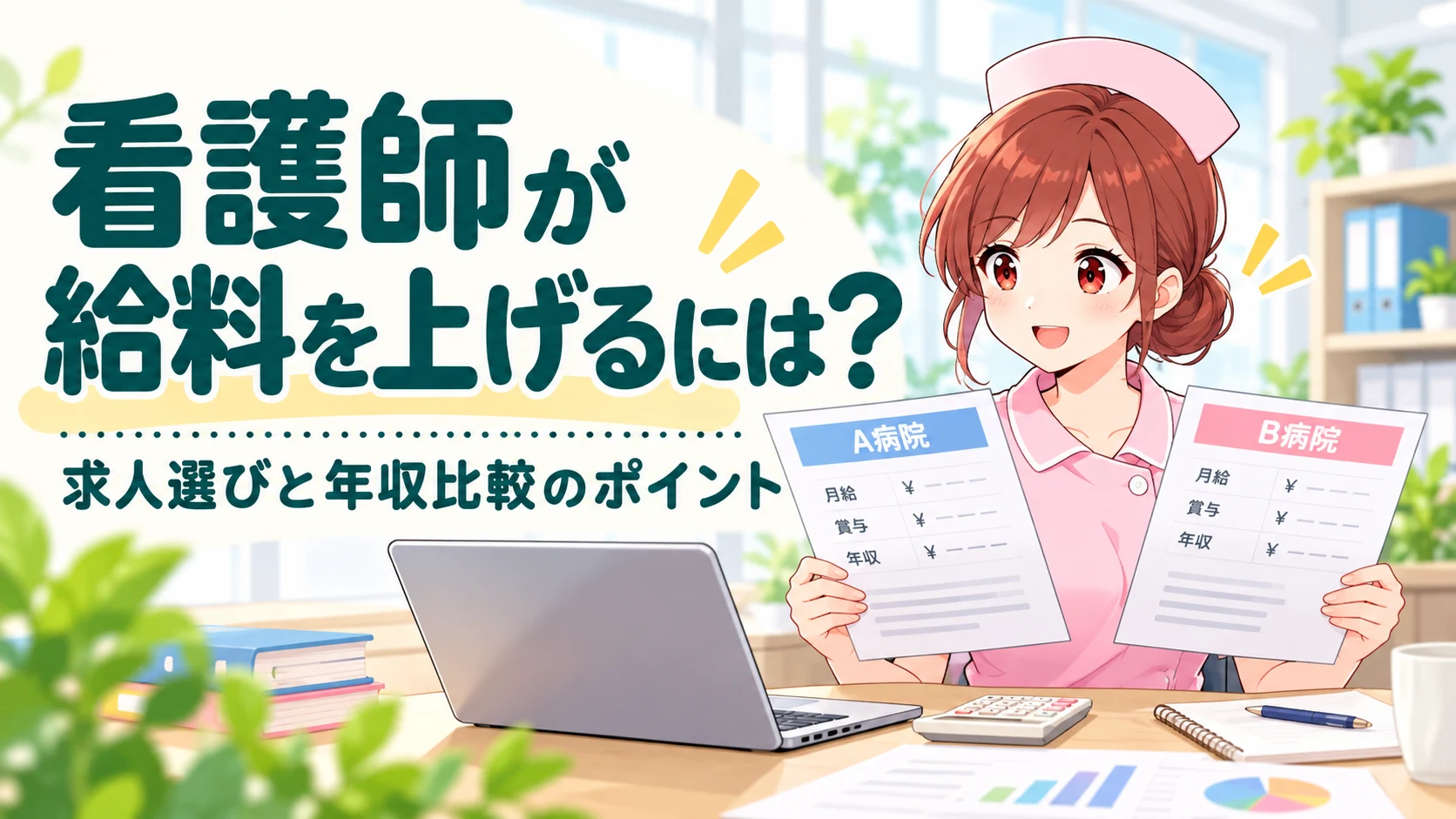 求人票を比較するジンちゃん。看護師が給料を上げるには？求人選びと年収比較のポイント
