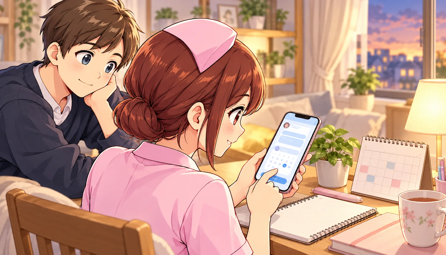 看護師が希望する連絡方法と時間をスマートフォンで伝える場面