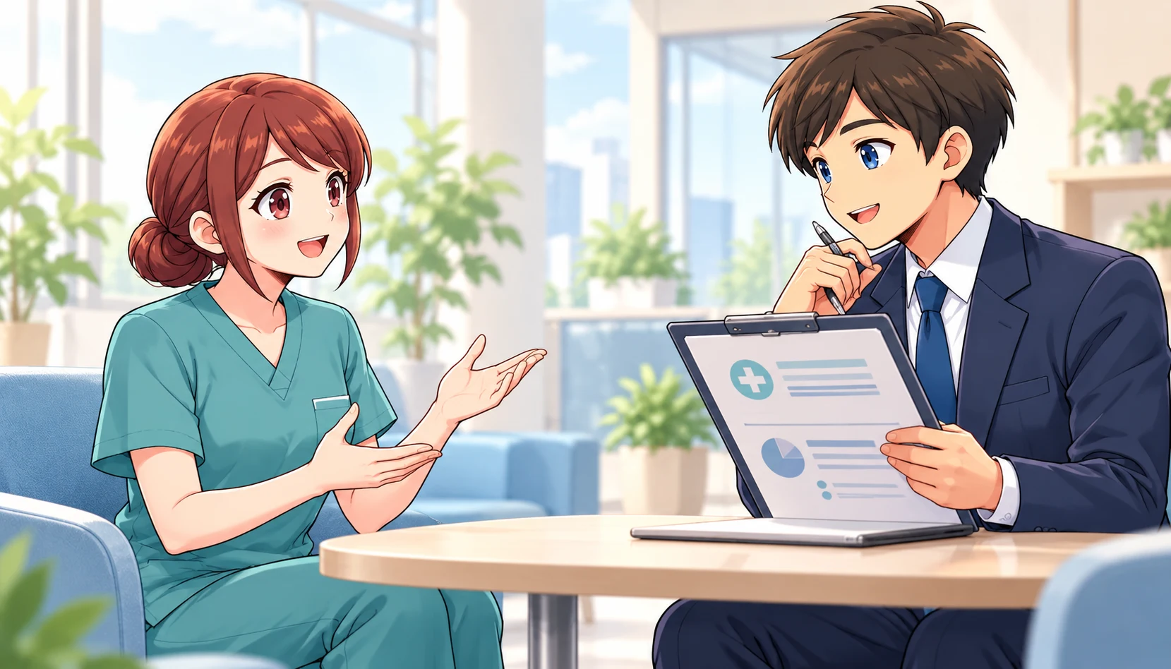 看護師が経験した業務を採用担当者に伝える様子