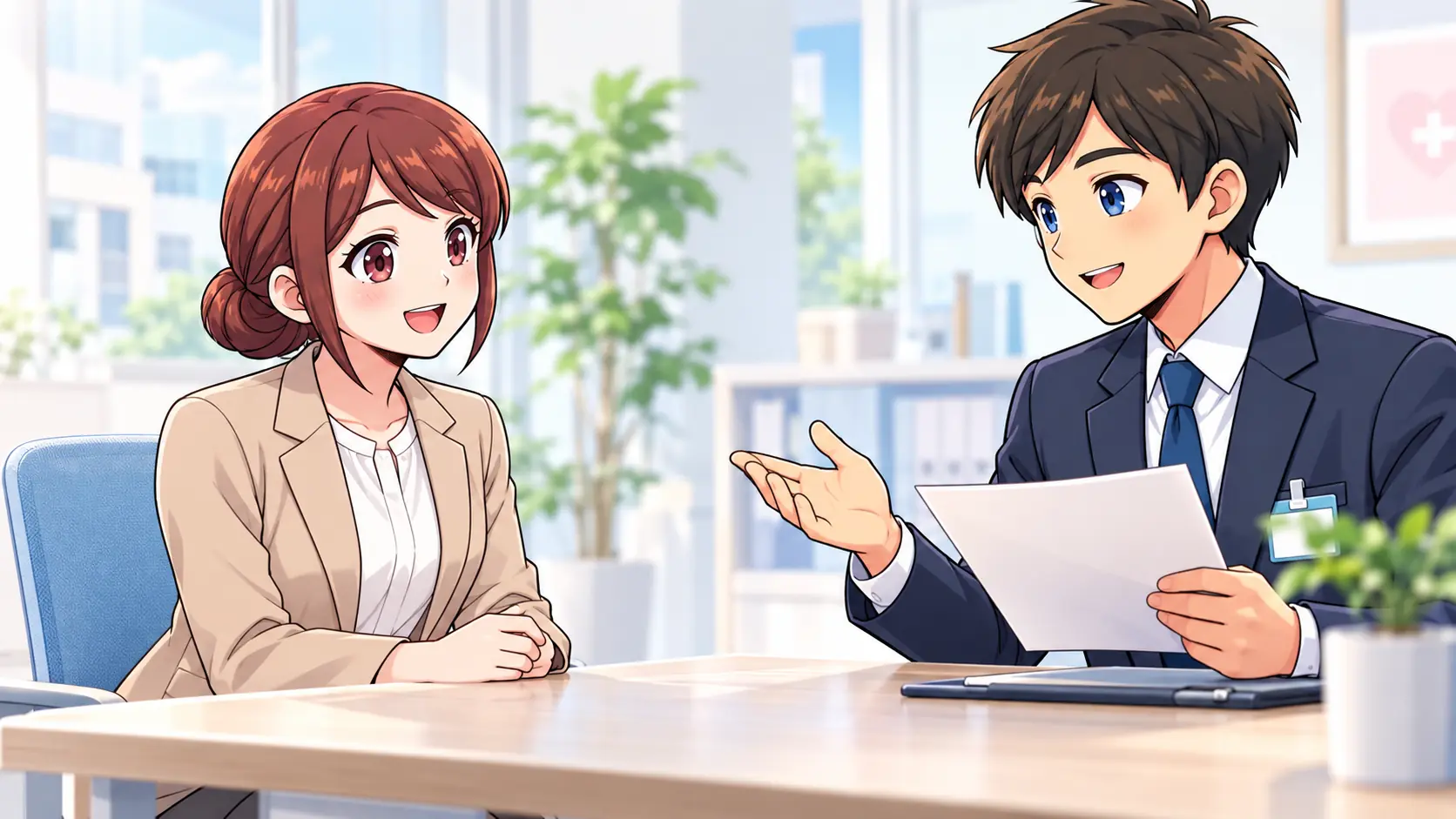 看護師の転職について相談するカンタと女性のキャラクター