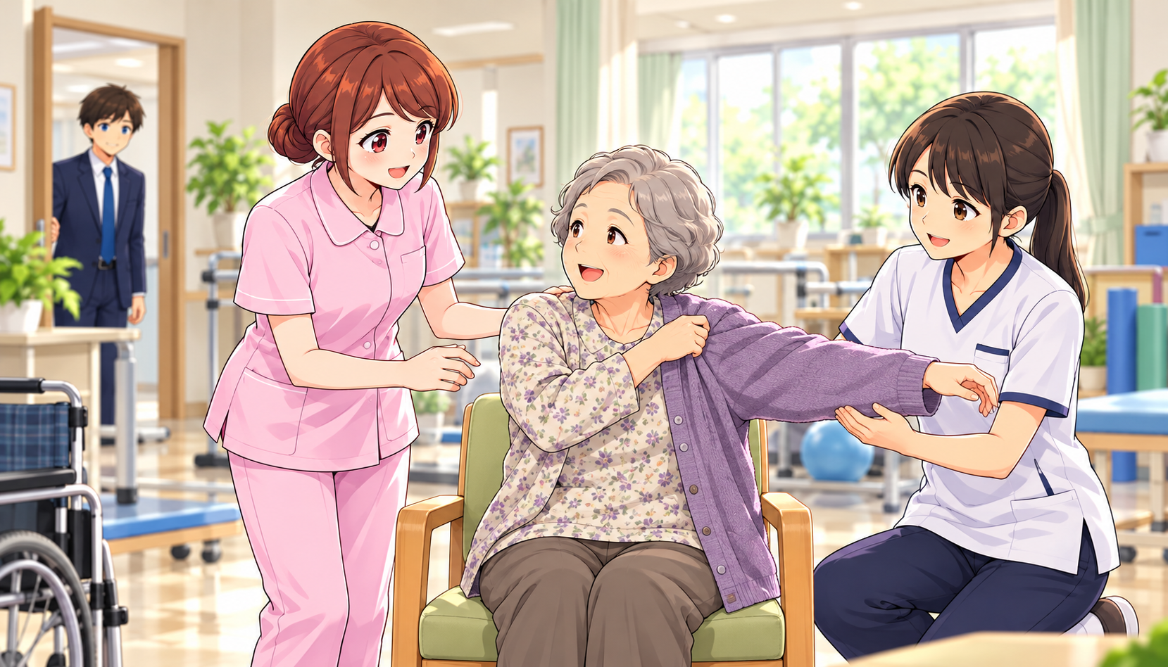 患者の着替えを必要に応じて支える看護師とスタッフ