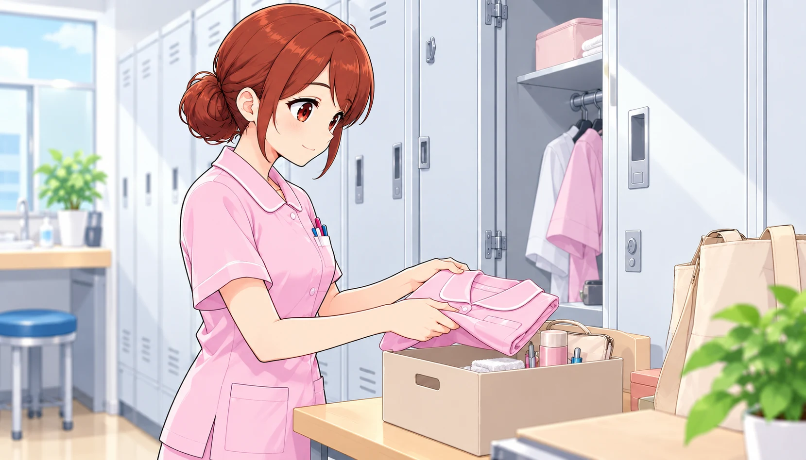 制服と私物を整理して退職準備をする看護師